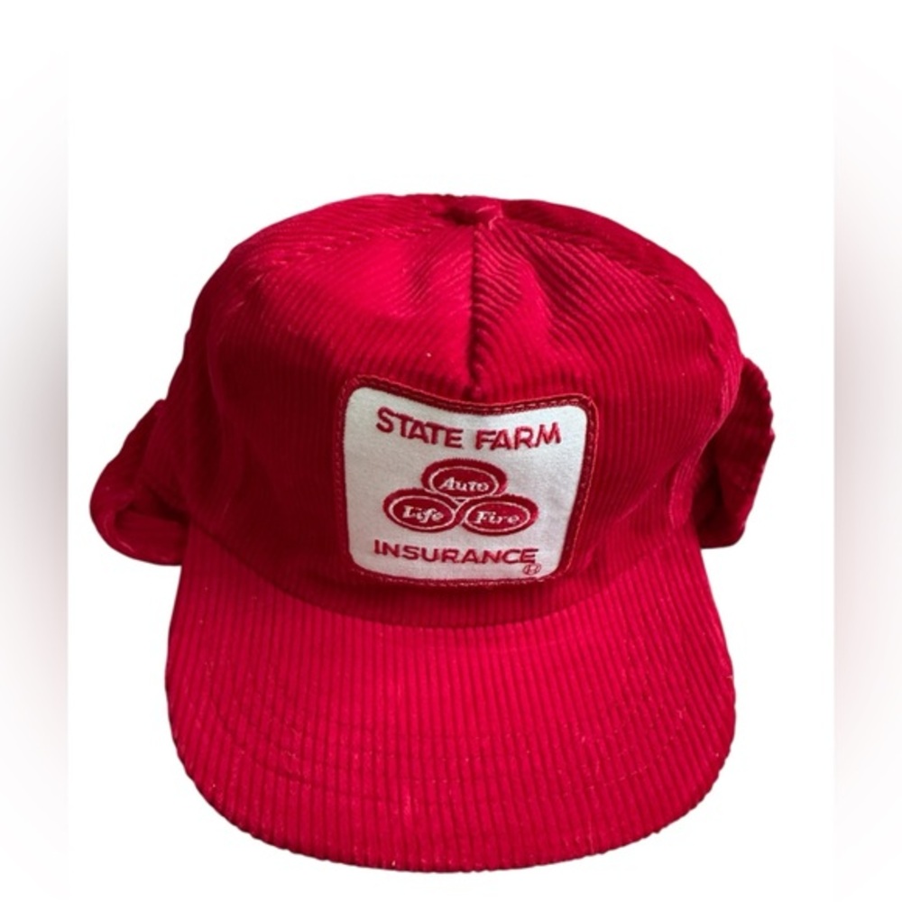 State Farm Insurance Corduroy Hat Gold Star With Ear Flaps Red Made In USA